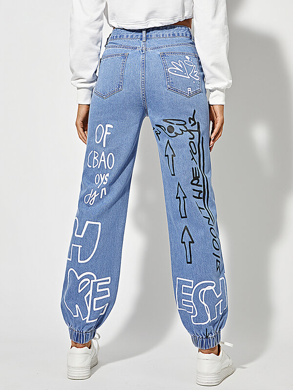 Nieuwe Grafische Gedrukt Jeans Vrouwen Y2K Mode Brief Geschilderd Strakke Voeten Track Broek Dames High Rise Jogger Denim Broek Casual