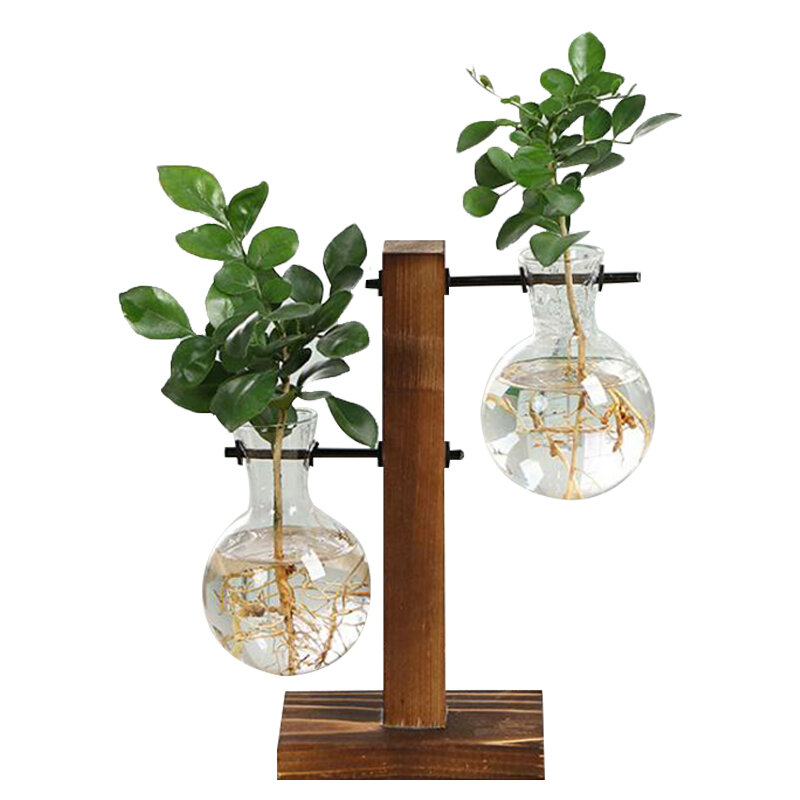 Terrarium roślina hydroponiczna wazony Vintage doniczka przezroczysty wazon drewniana rama szkło Tabletop rośliny domowe drzewko Bonsai Decor