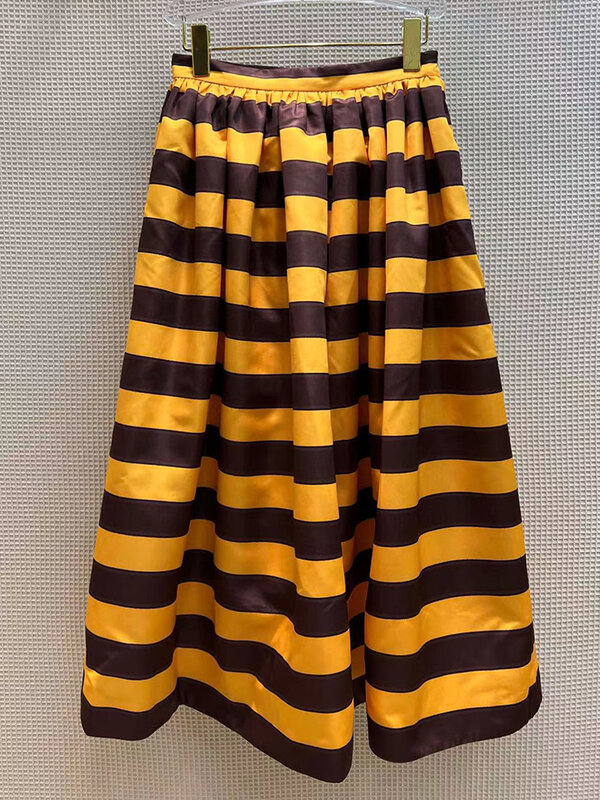XIZIHUPAN Korean Fashion Striped Midi A Line Skirt For Women High Waist Colorblock Long Skirts Female Summer Clothing 2022 New
