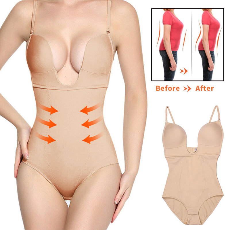Body moulant à col en V pour femme, tenue rembourré à bretelles transparentes et dos nu, corset push-up