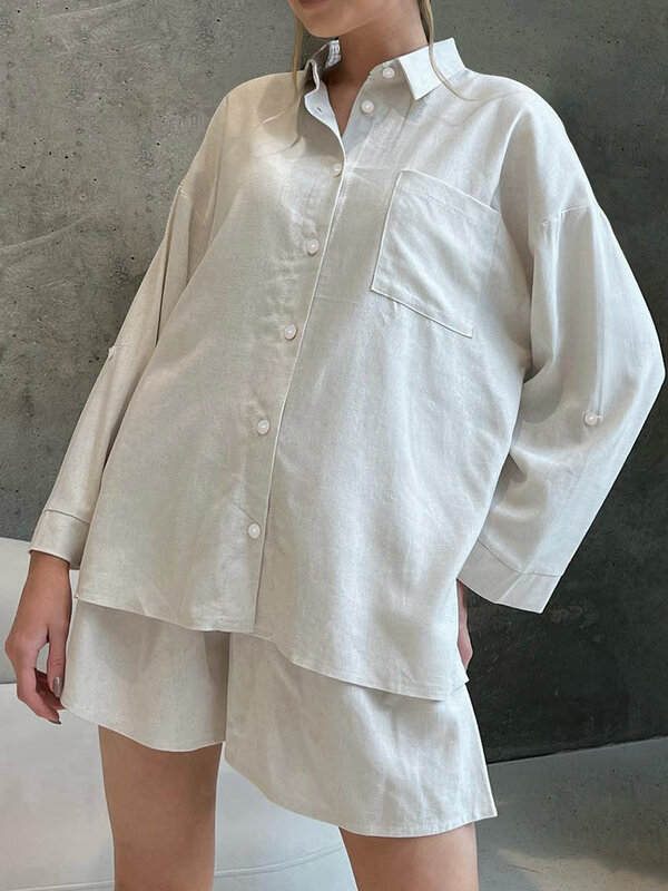 Hiloc-conjunto de pijamas de manga comprida para mulheres, pijamas chiques de algodão, loungewear de peito único, lapela de bolso, 2 peças, outono, 2023