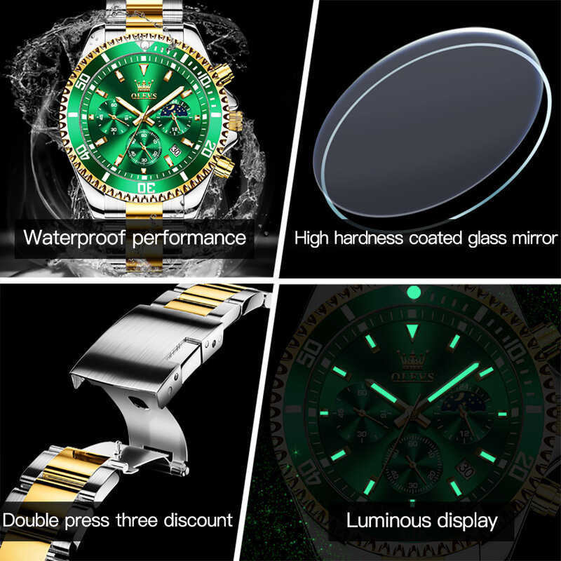 Многофункциональные кварцевые часы OLEVS с тремя глазами для мужчин, модные водонепроницаемые мужские наручные часы с ремешком из нержавеюще...