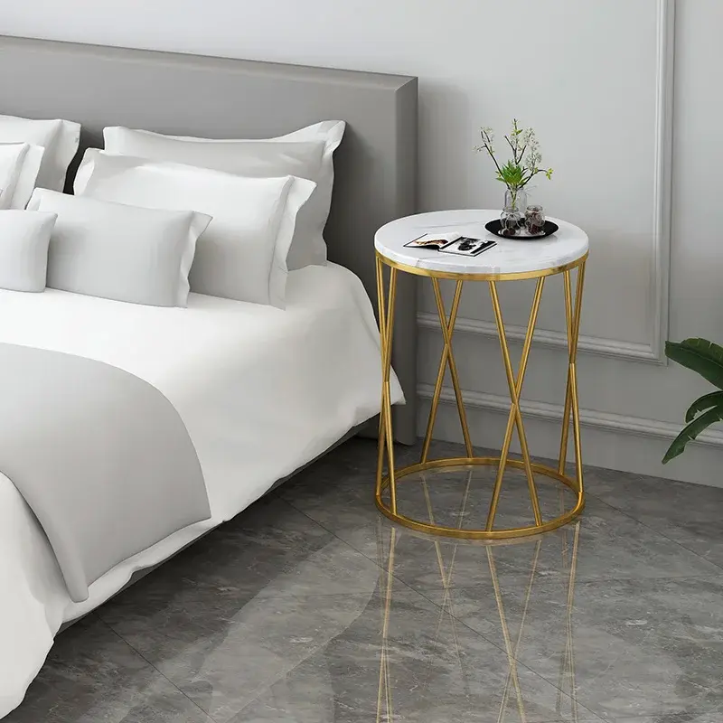 Meja Kopi Mewah Cahaya Nordic Sofa Meja Sudut Samping Tempat Tidur Kamar Tidur Pola Marmer Meja Bundar Kecil Meja Samping Furnitur