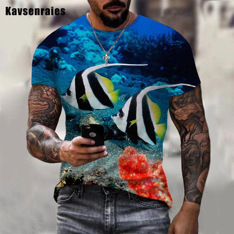 고품질 수중 세계 물고기 디자인 3D 인쇄 티셔츠 남성 여성 패션 캐주얼 반소매 Streetwear 오버 사이즈 탑스