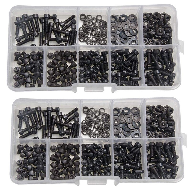 600 Pcs Nuts Bolts Set Hex Bolts Nut And Washer Assortment Screws Bolts M3 Tool Kit With Plastic Box (Black)