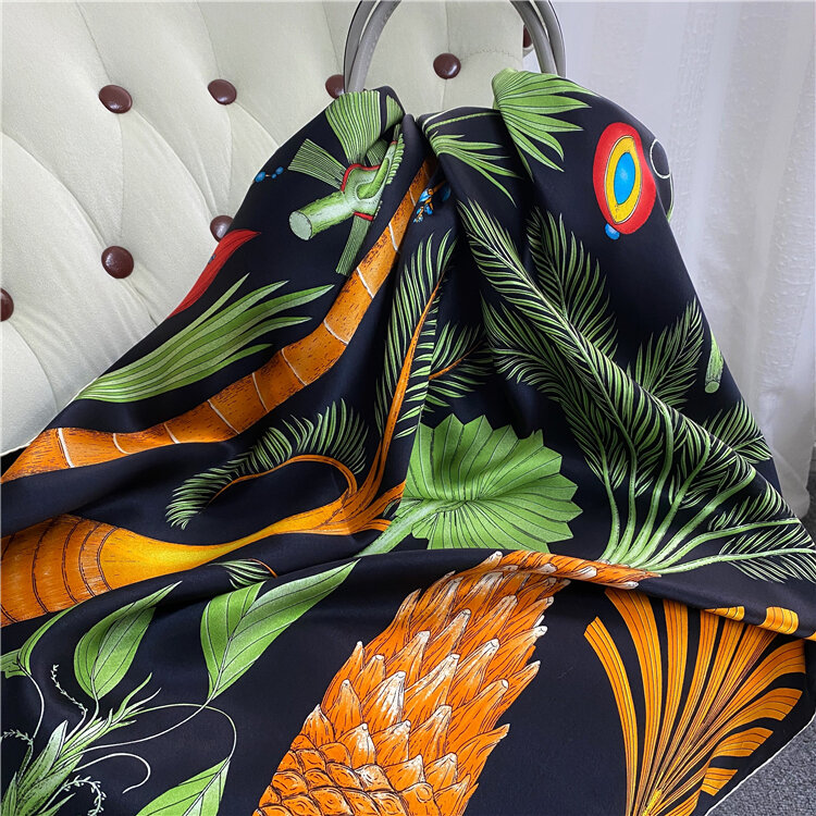 Pure Mulberry-Scarf Wrap Shawls 110*110 Silk Square Scarf Large Silk Scarf Hand Rolled Edges Scarves Plant Print