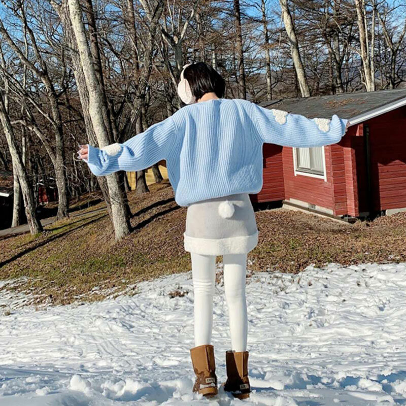 여성용 푹신한 구름 스웨터, 귀여운 긴팔 크루넥 풀오버 점퍼, 가을 겨울 니트 탑, 십대 소녀, 편안하고 아늑한 의상