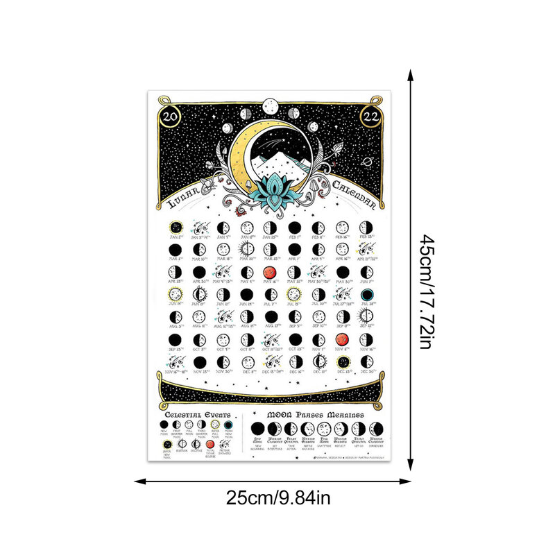 Calendario de Luna 2022 Fases Lunares para pared, rastreador de Luna espacial, póster de pared de luna llena, rastreador de arte de pared