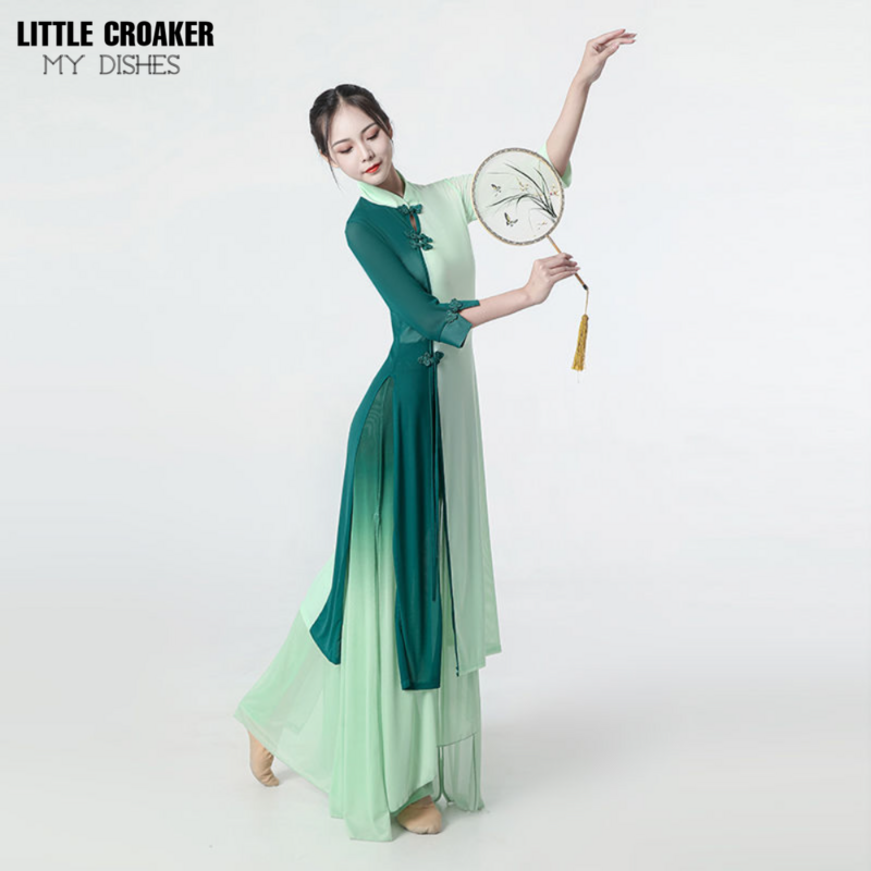 Kostum dansa Cheongsam gaya nasional tari klasik Tiongkok pakaian latihan tari Modern ramping pinggang tinggi