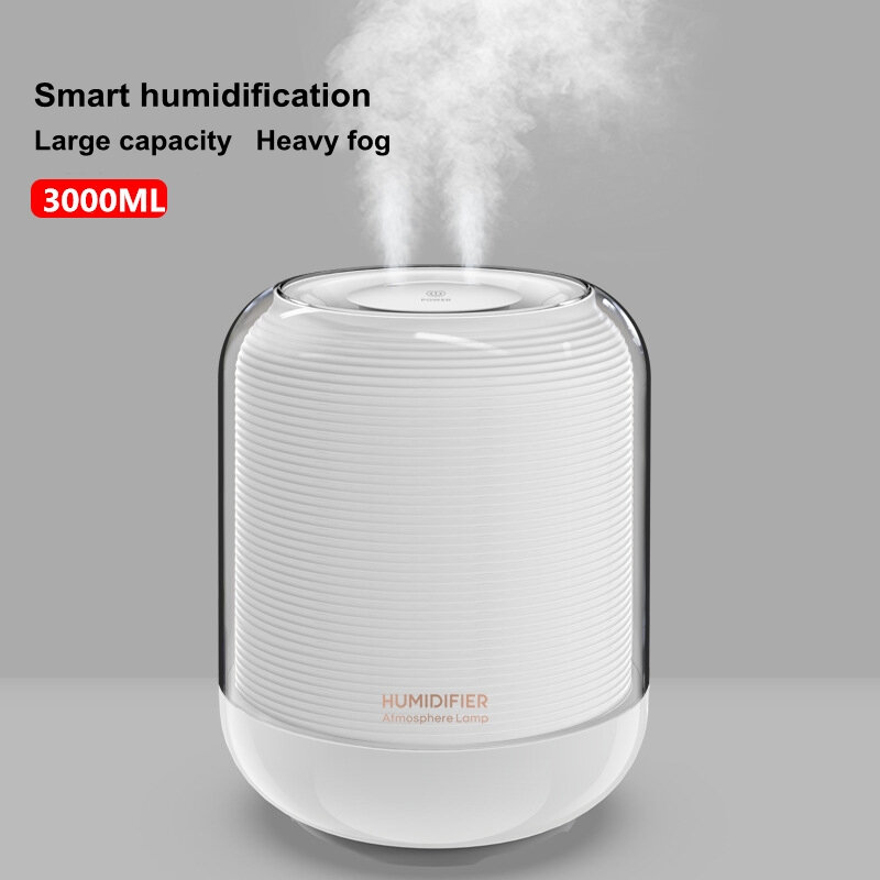 Humidificador de aire de doble boquilla, difusor USB de aromaterapia, fabricante de niebla con lámpara LED de noche cálida, gran humidificador de niebla para el hogar, 3000ml