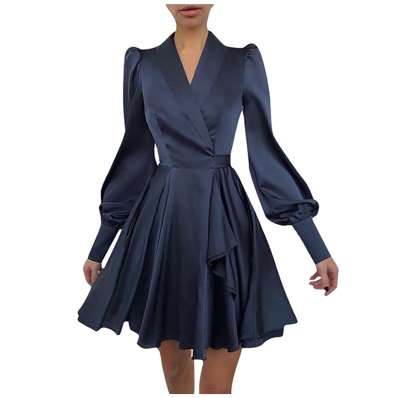 Ladies Casual Dresses Long Dress Women Puff Long Sleeved V Neck Elegant Party Loose Solid Patchwork Long Sleeve Party Dresses