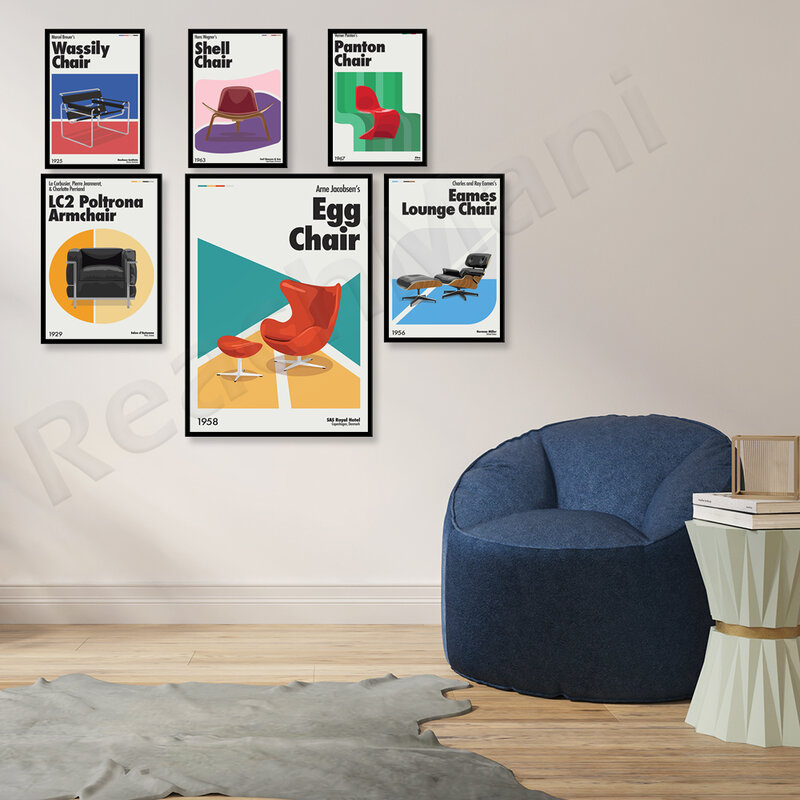 Impressão do cartaz da cadeira de wassily, cadeira de concha, poltrona de poltrona, cadeira de ovo, cadeira de panton, cadeira de design dinamarquês cartaz escandinavo