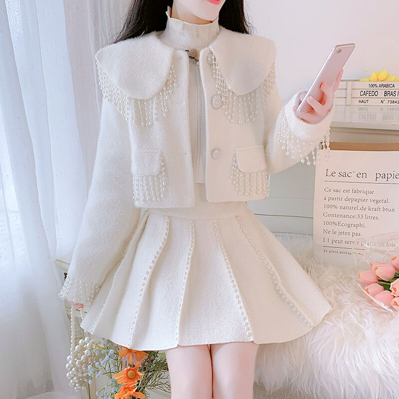 Jaqueta de Tweed com minissaia para mulheres, casaco vintage, fragrância pequena, elegante linha A, trajes doces, roupas coreanas, 2 peças