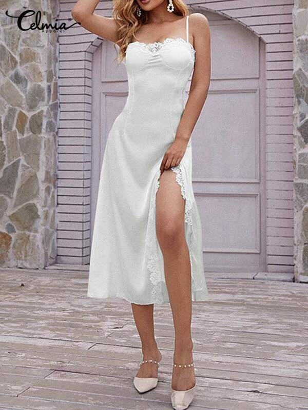 Celmia Women Sexy Nightgowns 2022 New Loose Homewear 5XL Strap Spaghetti Solid Sleepwear Fashion Lace Stitching Dress Nightwear