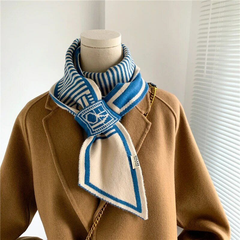 Lenço de malha de cashmere macio de luxo para mulheres design impressão pequena gravata de pescoço magro feminino lã fio elasticidade lenço bandana