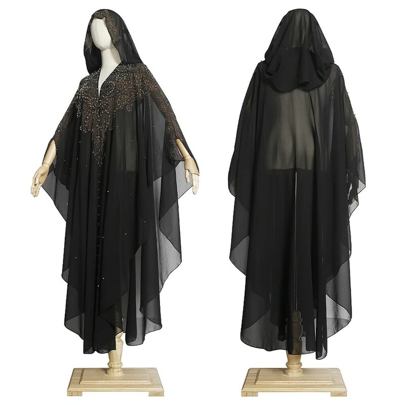 MD Muslimischen Kaftan Abaya Kleid Kimono Frauen Dubai Open Abayas Türkischen Stones Chiffon Mit Kapuze Kleid Elegante Afrikanische Große Lose Boubou