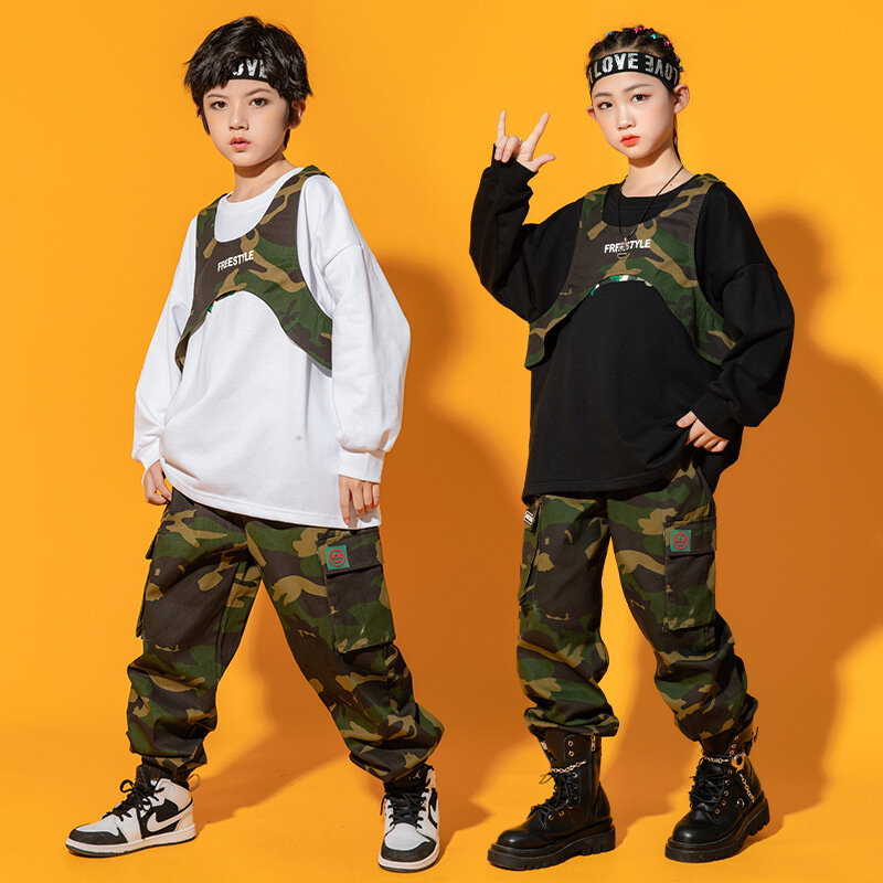 Chłopięcy hip-hopowy ubiór na przedstawienie dziewczęce ubranie taneczne dziecięca kamuflażowa odzież dziecięca modny garnitur hip-hopowy