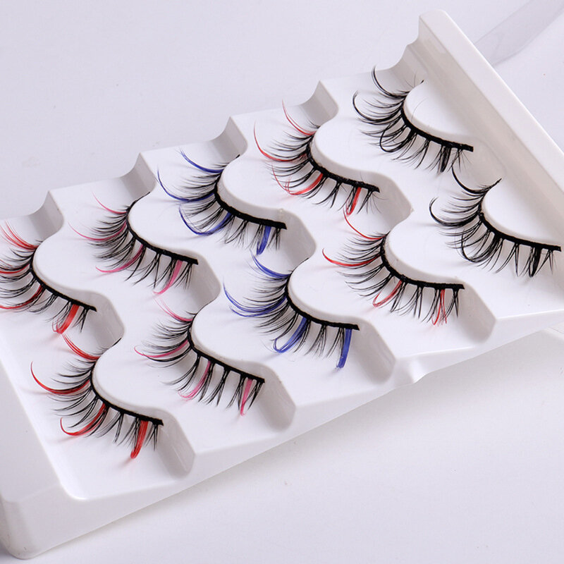 5 Pairs Artificial Fiber False Eyelashes Fashion Reusable Fan-shaped Mink Women Colored Deep-fried False Eyelashes