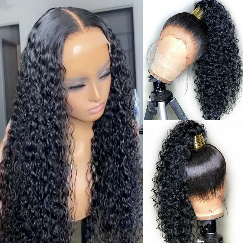 Черный кудрявый синтетический кружевной передний парик 26 дюймов длинный для женщин с детскими волосами предварительно выщипанный 180% Плотн...