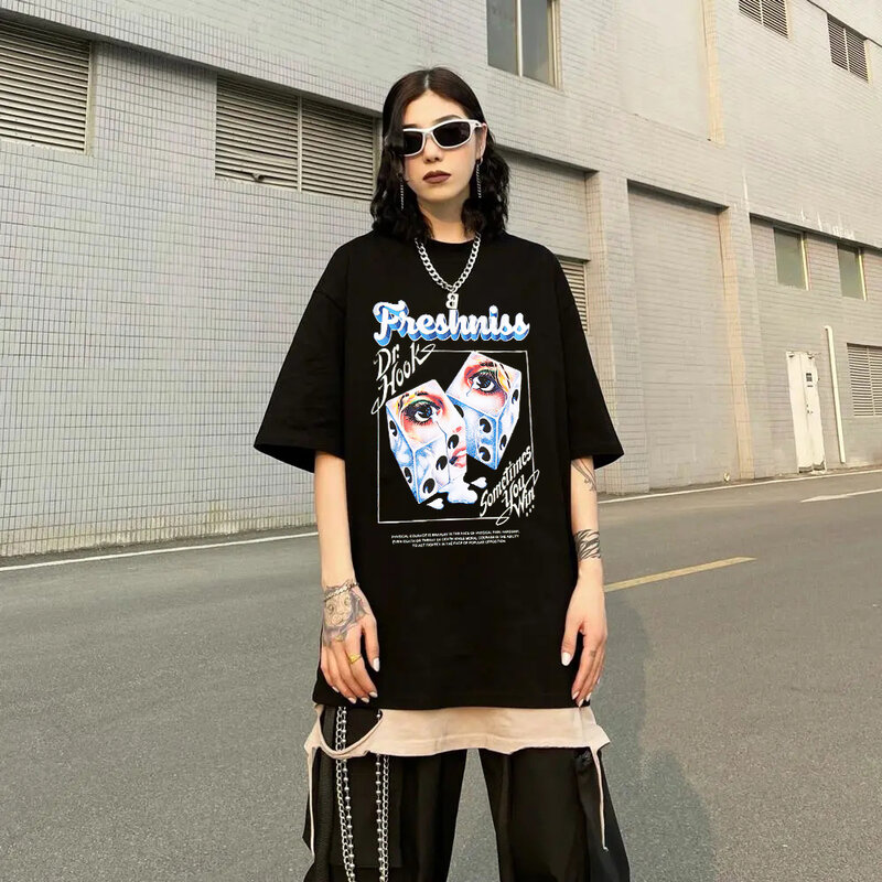 Hip Hop Streetwear Tops Oversize T Shirt Vrouwen Harajuku Cirkel Brief Dobbelstenen Print T-shirt Zomer Korte Mouw Tee Shirt kleding