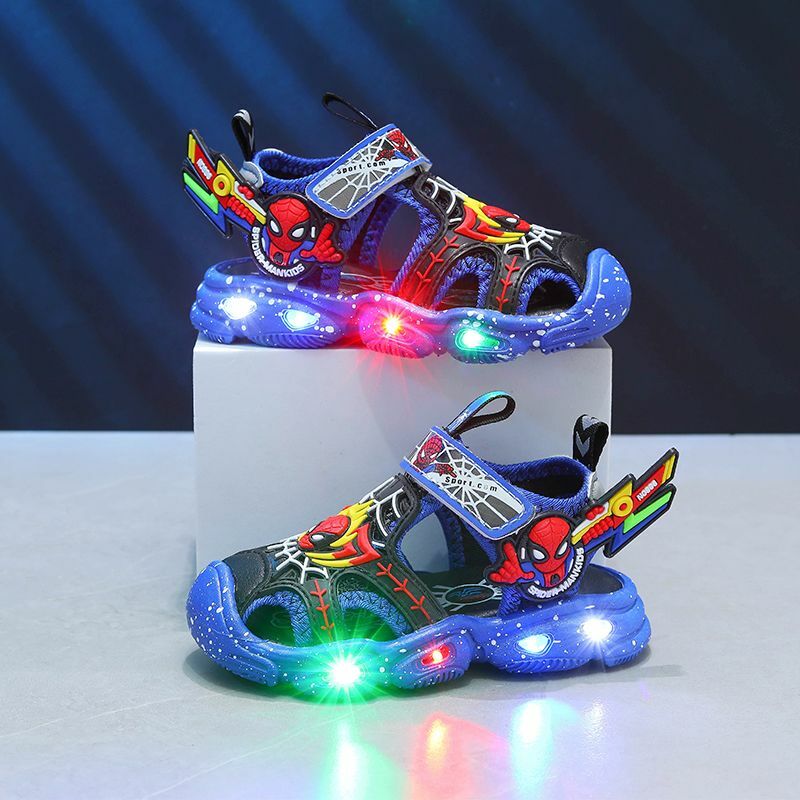 Disney sandalias con luces LED para niños, zapatos antideslizantes informales de playa, azul y rojo, talla 21-30, Verano