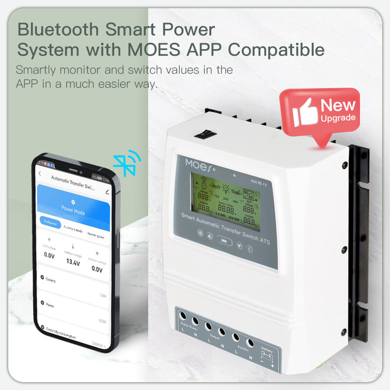 MOES Tuya Smart Bluetooth Dual Power Controller 80A 16KW Saklar Transfer Otomatis Hemat Energi untuk Sistem Angin Surya Off Grid