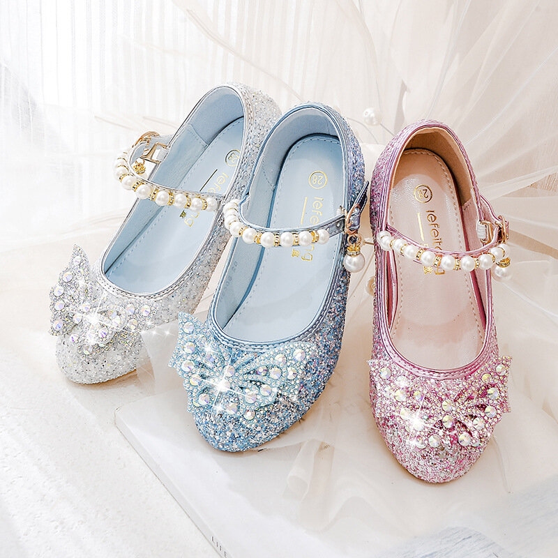 Prinzessin Kinder Leder Schuhe für Mädchen Casual Glitter Kinder Hohe Ferse Mädchen Schuhe Schmetterling Knoten Tanz Kleid Party Schuhe 25-39