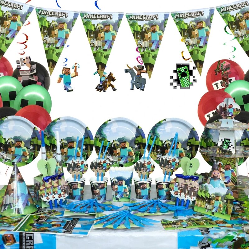 Miner kerajinan Pixel dekorasi pesta ulang tahun termasuk kertas cangkir piring balon taplak meja spanduk untuk anak-anak bayi mandi