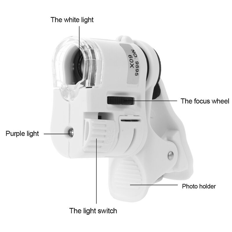 ユニバーサル顕微鏡クリップ60x LEDジュエリー拡大鏡焦点調整ポケット顕微鏡、携帯電話クリップ付きUVライト