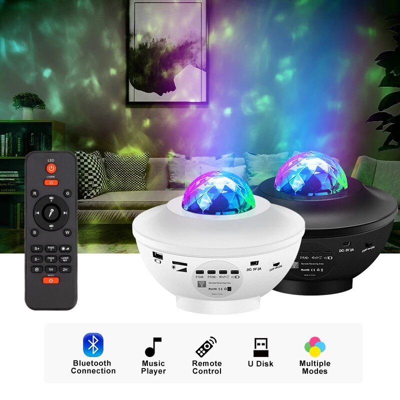 Projecteur LED de ciel étoilé, musique, Bluetooth, USB, féerique, rotatif, galaxie, lampe, veilleuse