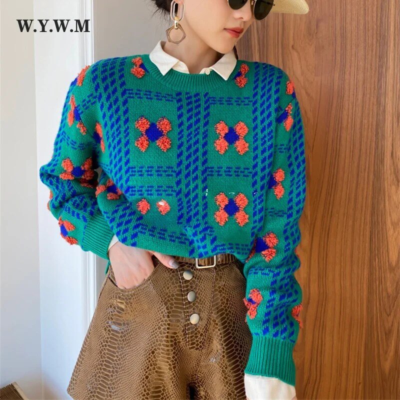 Wywm-女性の長袖セーター,流行の花の刺繍が施されたルーズなセーター,ラウンドネック,カジュアルスタイル,すべてにマッチ