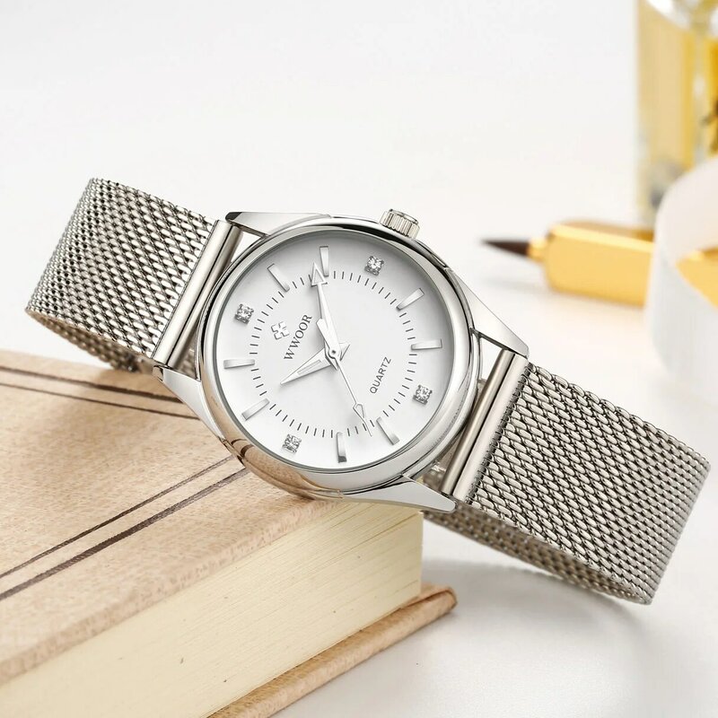 Wwoor marca de luxo relógios senhoras prata requintado simples strass casual mulheres à prova dwaterproof água malha cinto quartzo relógio montre femme