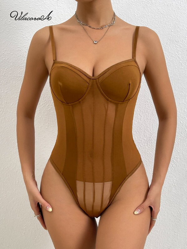 Body Sexy sin mangas Bodycon transparente Lencería malla bodys Top marrón mujer una pieza ropa interior femenina