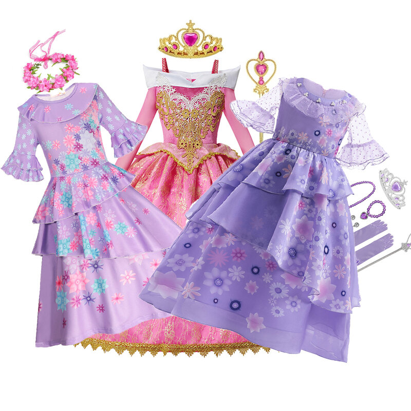 Meninas princesa aurora traje sem mangas fora do ombro dormir beleza halloween festa fantasiar-se crianças roupas de aniversário