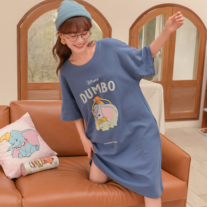 Disney-Camisón de algodón para mujer, ropa de dormir de Dumbo, lencería bonita, vestido de noche, ropa de dormir suelta de verano
