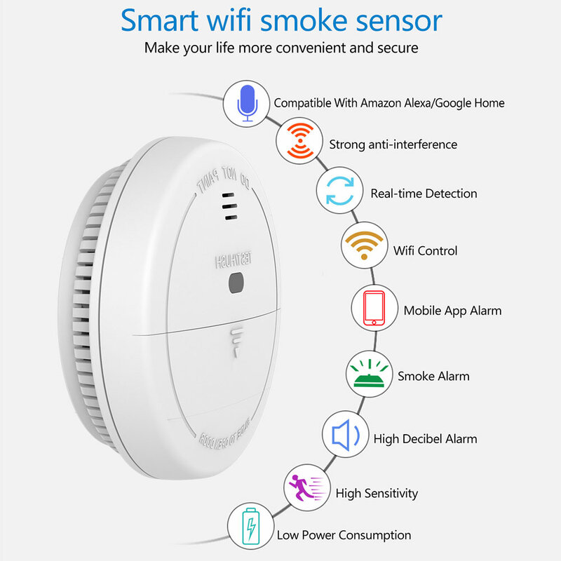 Tuya-Detector de humo WiFi, protección contra incendios, combinación de Casa ahumada, alarma contra incendios, vida inteligente, funciona con Alexa y Google Home