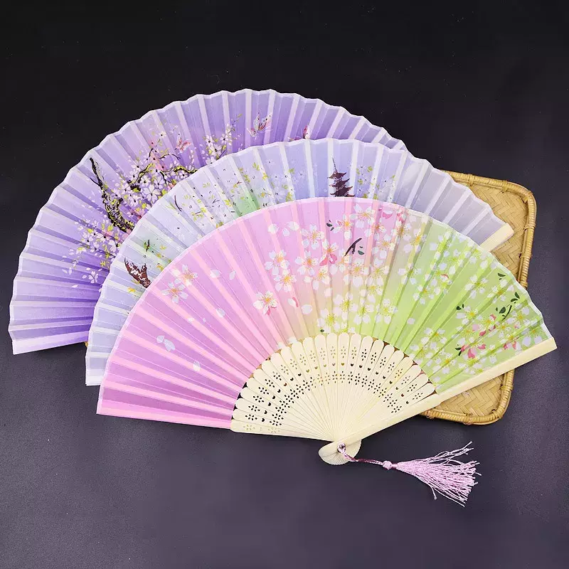 Abanico de estilo chino para mujer, herramienta plegable de seda de encaje para baile, fiesta de boda, utillaje para fotos, artesanía artística