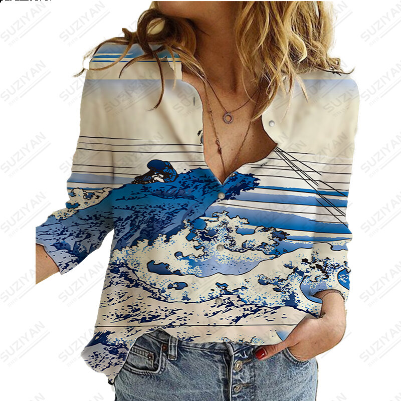 일본 손으로 그린 프린트 캐주얼 긴팔 셔츠, 맞춤형 패션 셔츠, 재미있는 여성 의류