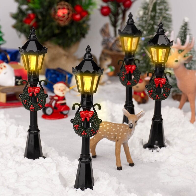 Mini farola de Navidad, lámpara de calle pequeña de 4 piezas, farola de casa de muñecas, accesorios de jardín de hadas de micropaisaje