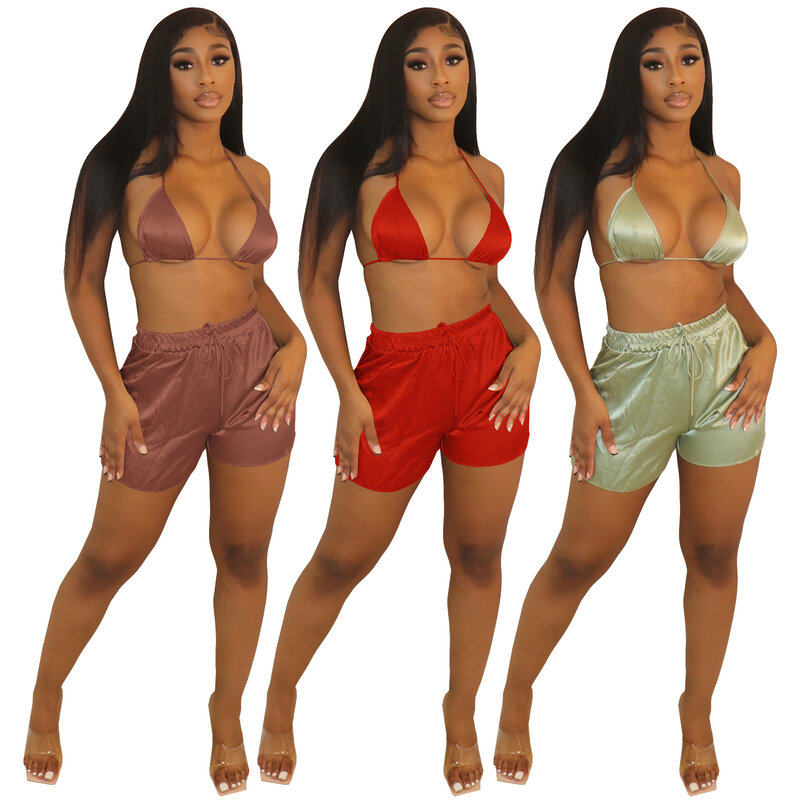 Tracksuit 3 Piece Set Bra + Shirt + Short Pants Solid Color Tracksuit Sportsuit Clothes For Women Casaul Outfit