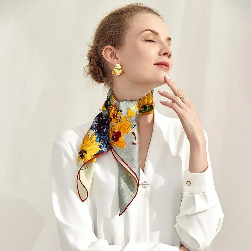 2022 100% шелк картина маслом 65x65 см квадратный шелковый галстук шарф для женщин модная Ретро цифровая струйная печать женский платок