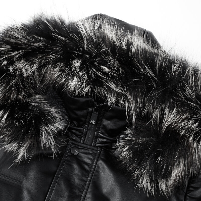 Men's Winter down Jacket Coat PU Leather down Feather Liner Detachable Hooded Windproof Leisure Warm Men's Coat