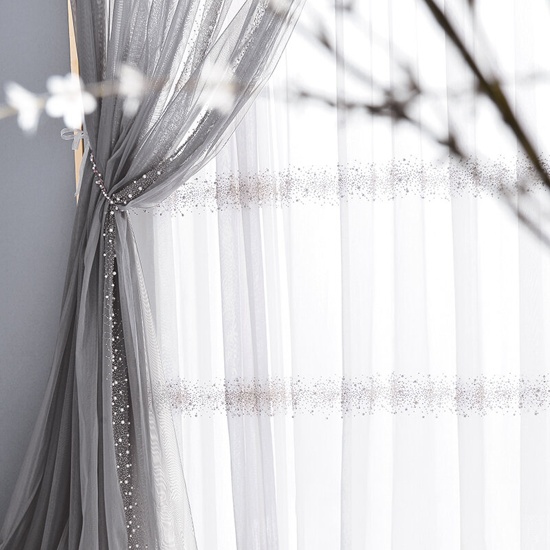 Cortinas francesas personalizadas simples para sala de estar, tul transparente bordado de perlas blancas para dormitorio, gasa gris de lujo personalizada