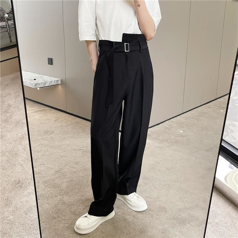 Nowy Trend luźna szeroka nogi moda garnitur spodnie męskie wysokiej talii spodnie na co dzień koreańska wstążka pas Streetwear Hip-Hop