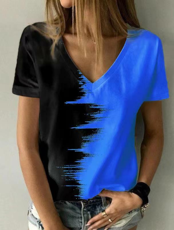 2022 novo verão das mulheres 3d impressão pintura t camisa casual solto colorblock impressão v pescoço básico camisa superior pulôver