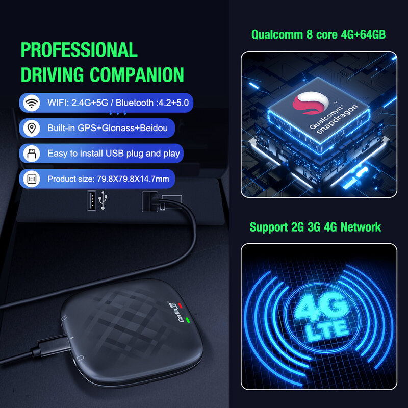 CarlinKit умная Беспроводная ТВ-приставка Android авто и CarPlay Ai Box 4 + 64 ГБ Qualcomm 8 ядер GPS Поддержка YouTube Netflix для Ford VW KIA