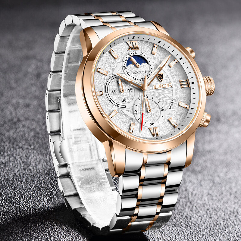 LIGE นาฬิกาผู้ชายกีฬาควอตซ์ Chronograph สแตนเลสสตีลนาฬิกาข้อมือนาฬิกาส่องสว่างนาฬิกา Relogio Masculino