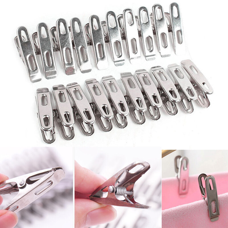Stainless Steel Flat Mouth Clip 20 Pieces of Multifunctional Clothes Clip Small Clothespin Powerful Windproof Clip