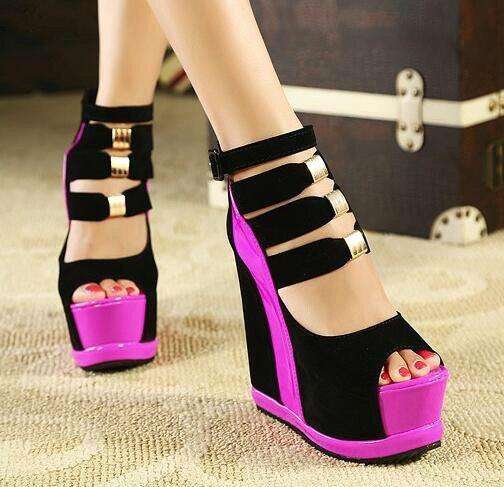 Woman Shoes 2020 Summer Genuine Women Platform Thick Soles Sandals Wedges High Heel 14cm Peep Toe Mixed Colors Sexy Shoes