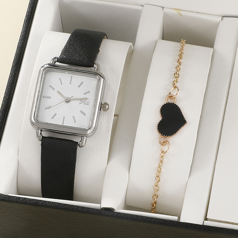 Women's Watch Simple Leather Quartz WristWatch Elegant Ladies Square Watch Heart Bracelet Ladies Gift Set